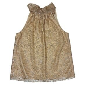 J Crew Tie Neck Top Metallic Gold Lace Sleeveless Womens S Evening Formal Party